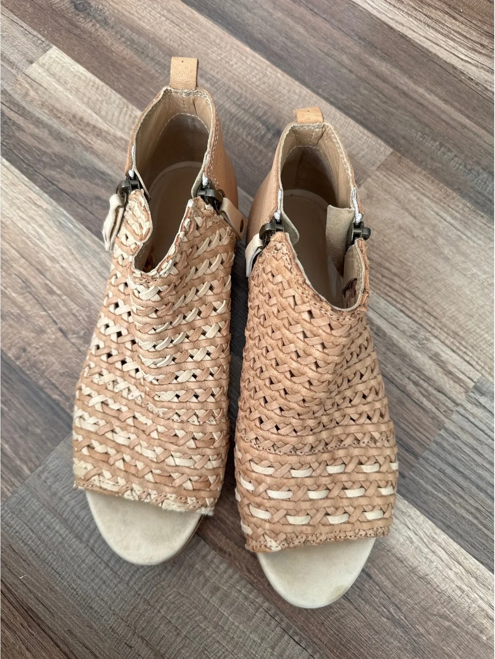 Sundance Asheville Woven Leather Booties 37 Tan Peep Toe Made in Italy